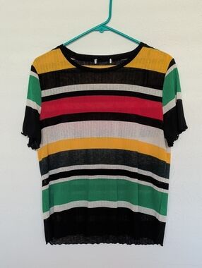 Striped Sheer Short Sleeve Crewneck Top in Yellow, Green, Red, Black, Lavender